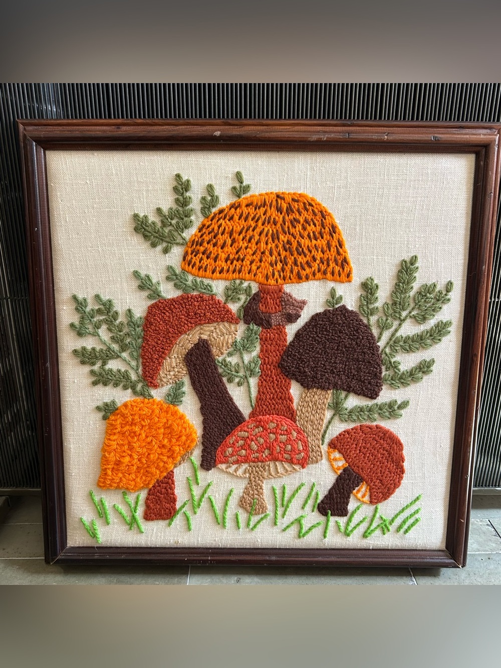 Vintage Crewel Embroidery Mushrooms 17x17 Wood Frame Fiber Art Wall Art
